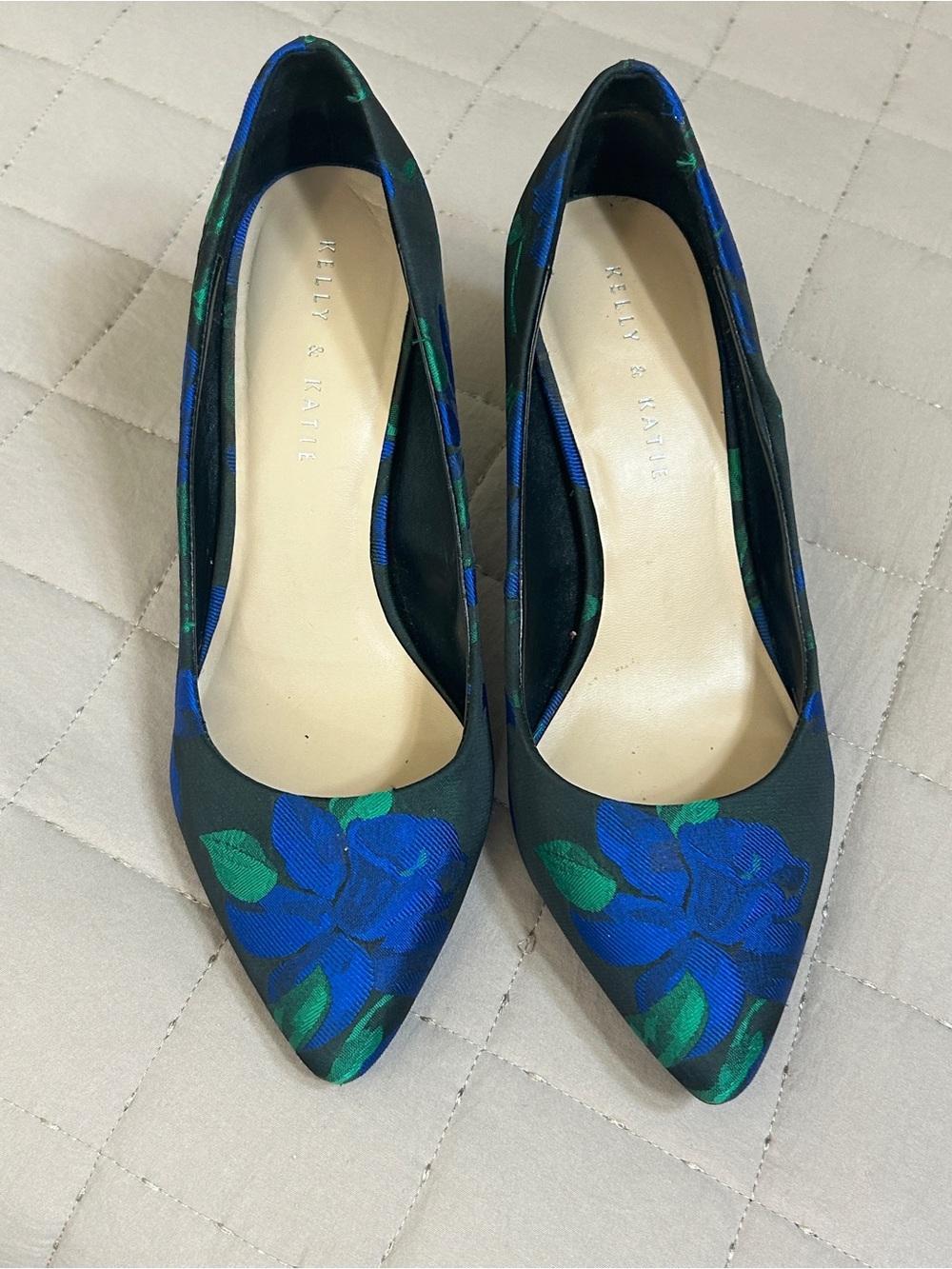Kelly & Katie Black Pumps with Blue & Green Floral Print
